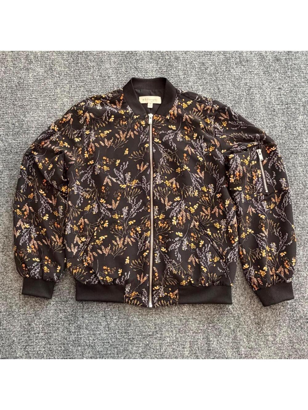Philosophy black bomber jacket with willow branch print, size small